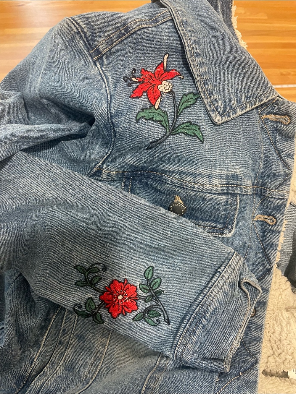 Embroidered Light Blue Denim Jean Jacket w/ Red Floral Accents, Sherpa Interior